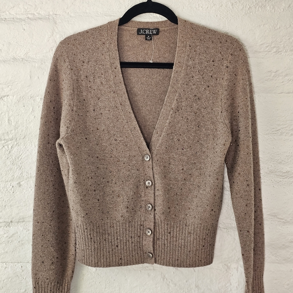 J.CREW V-neck cardigan sweater in Supersoft neutral Alpaca blend glass crystals